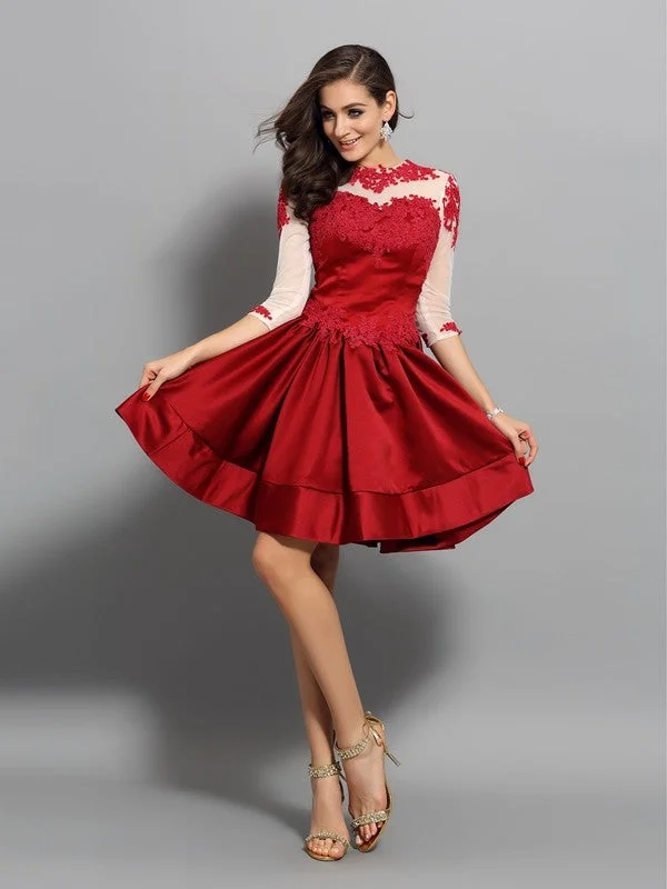 Classic Clothes For Women Exclusive Sale A-Line/Princess High Neck Applique 1/2 Sleeves Short Satin Cocktail Dresses