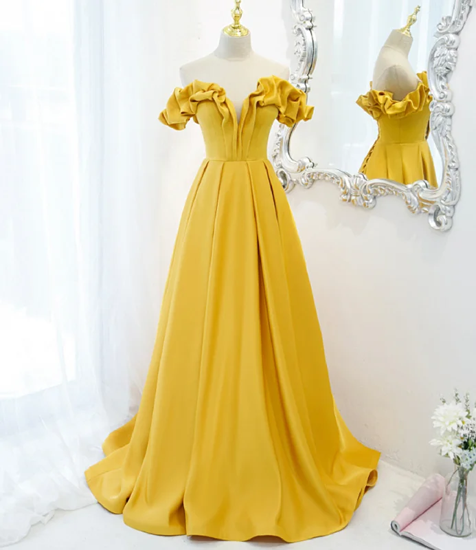 Affordable Women's Clothing Day To Night Styles Yellow satin long A line prom dress evening dress  8812