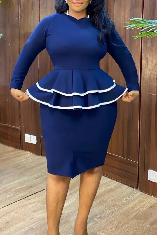 Plus-Size Women's Garments Holiday Glam Hit Color Tiered Peplum Pretty Midi Dress