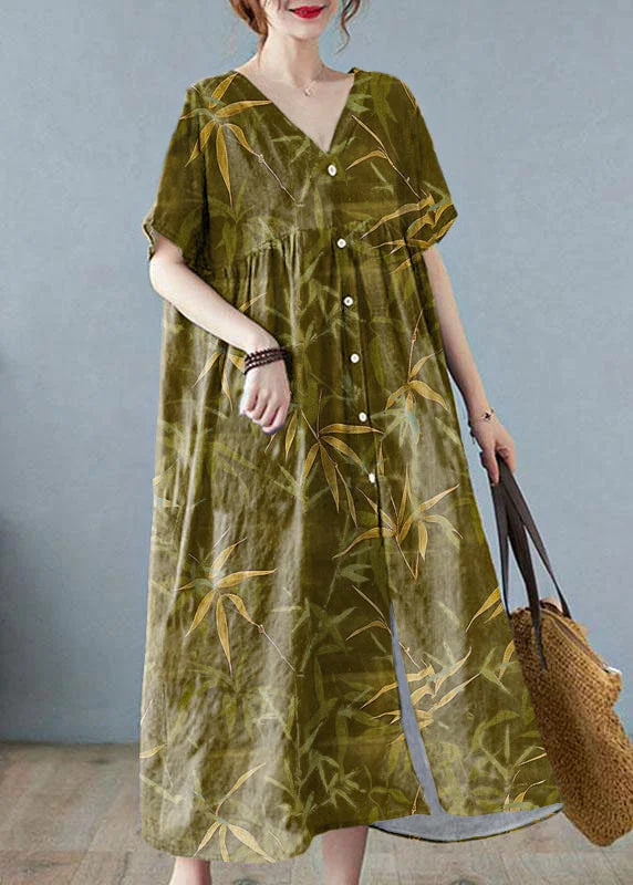 Women's Clothing For Outdoor Events Cutting Edge Fashion Plus Size Green bamboo Retro Button Summer Print Half Sleeve Maxi Dress