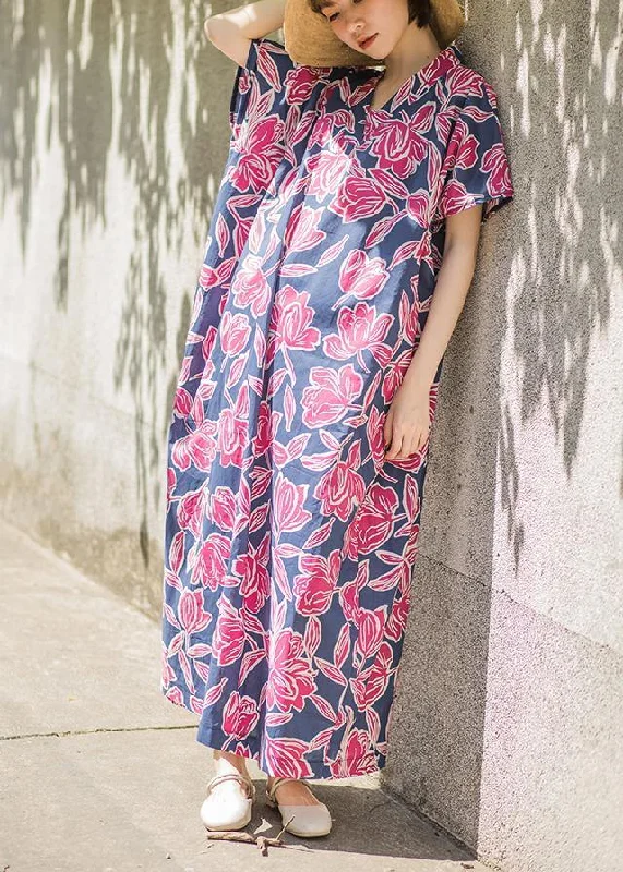 Women's Outfit Fashion Sale Beautiful Pink Print Summer Cotton Dress Batwing Sleeve Maxi Dress