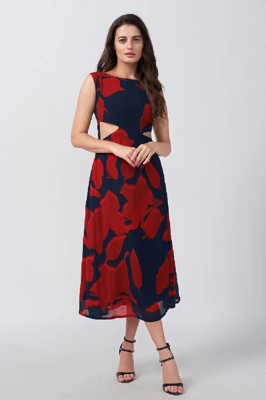 Women's Contemporary Apparel Colorful Clothing Red & Blue Printed Cut-Out Midi Dress