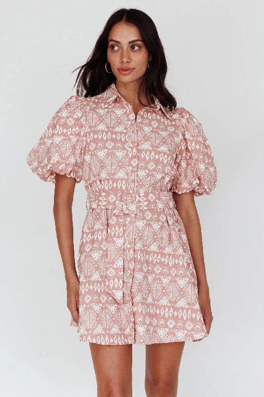 Women's Vacation Garments Today Only Nanette Puff Sleeve Belted Mini Dress Print Rose