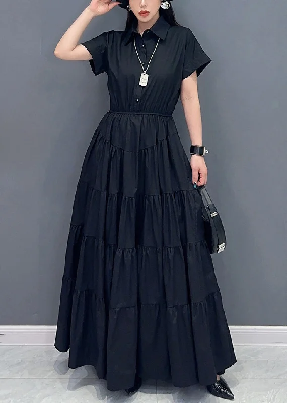 Women's Seasonal Wardrobe Clothing Chic & Cozy Collection Black Button Cotton Maxi Dress Peter Pan Collar Short Sleeve