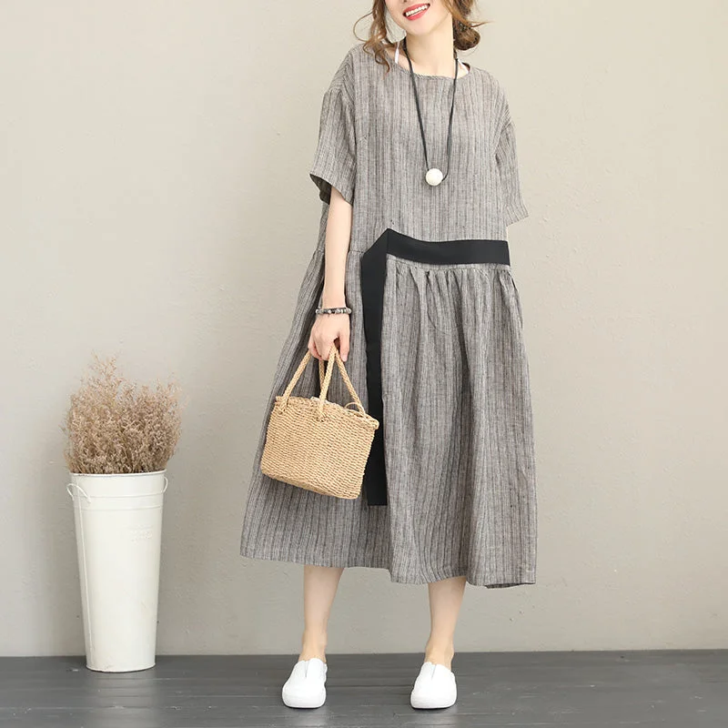 Women's Clothing For Holiday Travel Elevate Your Wardrobe vintage gray linen caftans plus size tie waist design traveling clothing New short sleeve maxi dresses