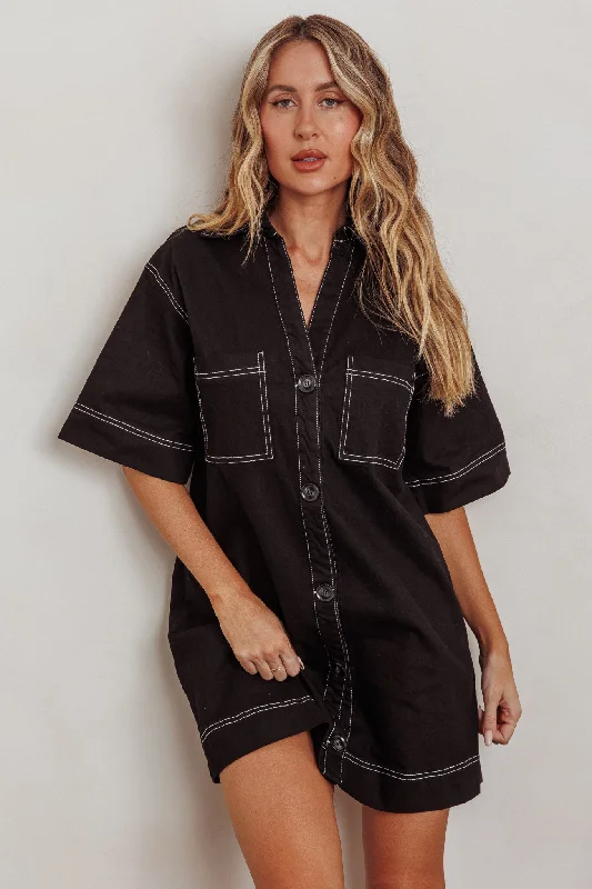 Women's Trendy Apparel Stay Ahead In Style Admiration Contrast Stitching Boxy Mini Dress Black