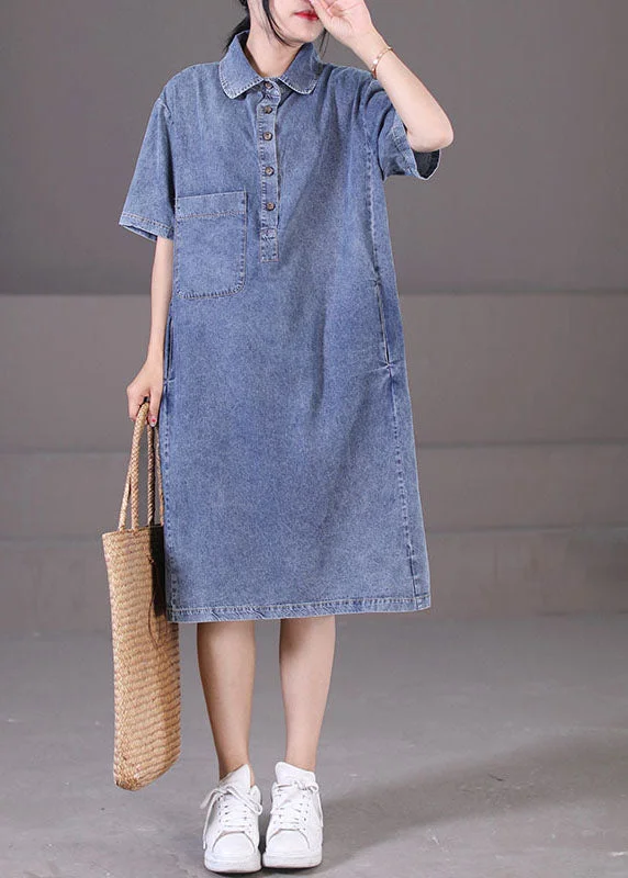 Women's Athletic Clothes Great Deals On Ethnic Cultural Wear Diy Denim Blue Turn-down Collar Button Pockets Cotton Maxi Dresses Short Sleeve