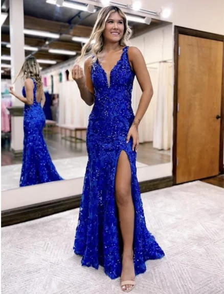 Women's High-Fashion Garments Premium Fabrics Trumpet Prom Dresses Sparkle Shine Dress Formal Sleeveless V Neck Sequined Backless with Sequin