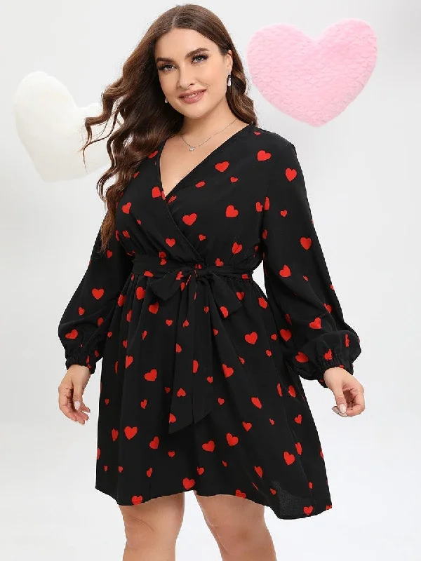 Women's Cozy Outfit For Lounging Anniversary Sale Allover Heart Print Belted Midi Dress