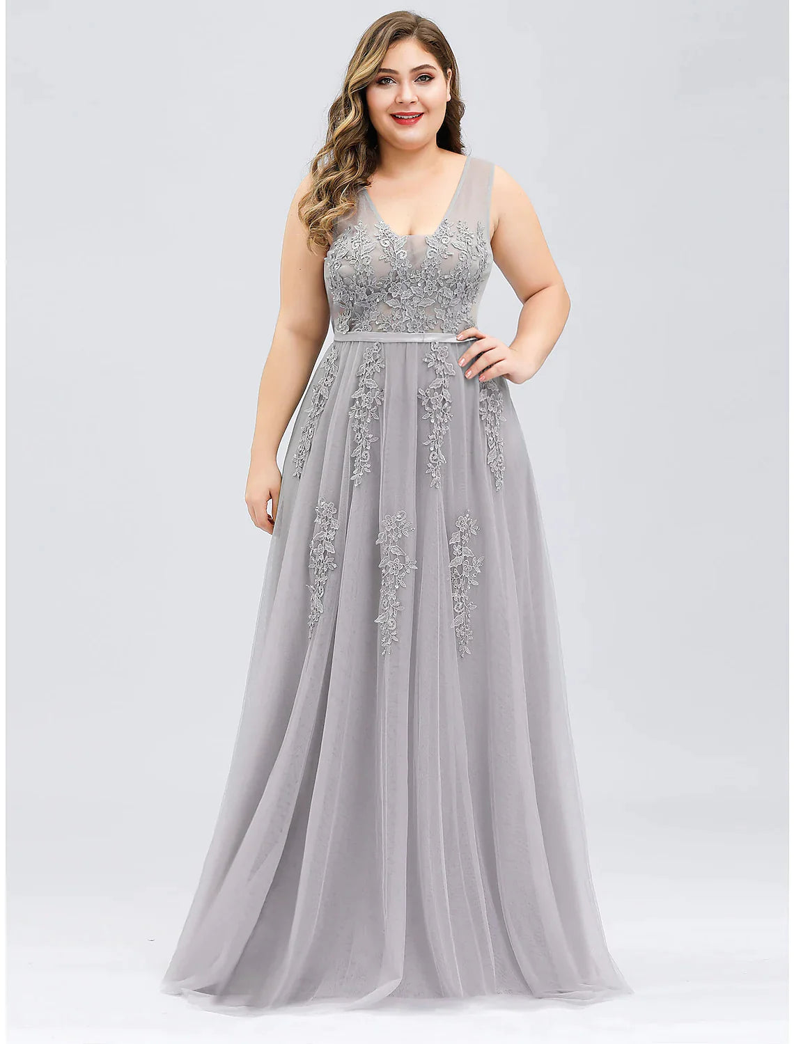 Women's Apparel Minimalist Chic A-Line Prom Dresses Plus Size Dress Prom Floor Length Sleeveless V Neck Tulle V Back Beading Appliques