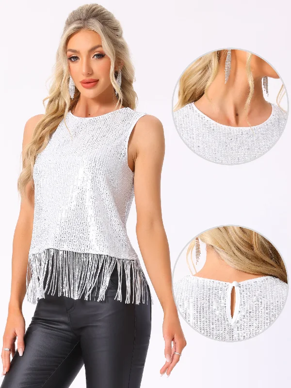 Women's Travel Garments Sleek Design Sequin Fringe Trim Sleeveless Round Neck Blouse