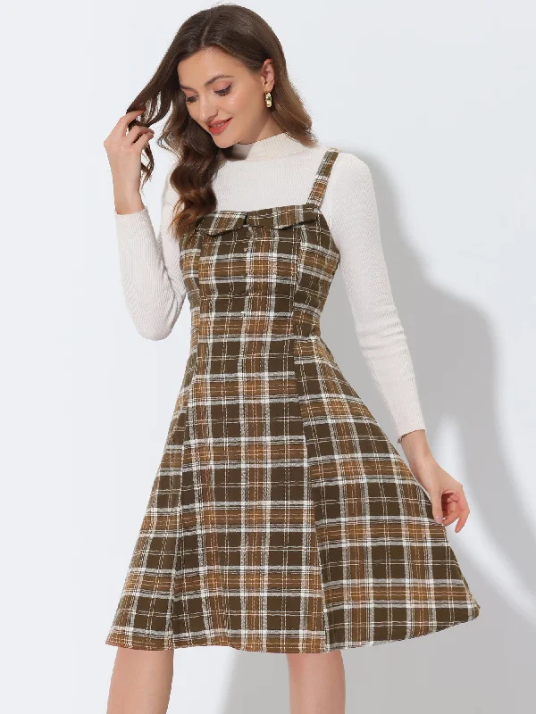 Chic Women's Outfit End Of Season Clearance Plaid Vintage Sleeveless Tie Waist A-Line Overall Pinafore Dress