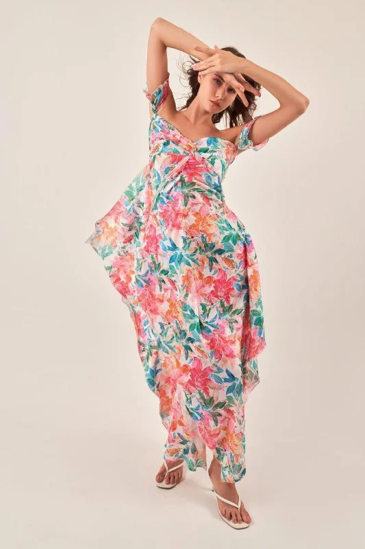 Women's Vacation Attire Urban Femme Streetwear OFF-SHOULDER TROPICAL PRINT MAXI DRESS