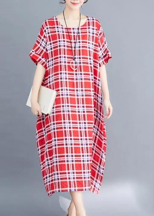 Women's Functional Outfit For Outdoor Activities Limited Time Flash Sale Natural o neck cotton clothes For Women Fabrics red plaid Maxi Dress summer