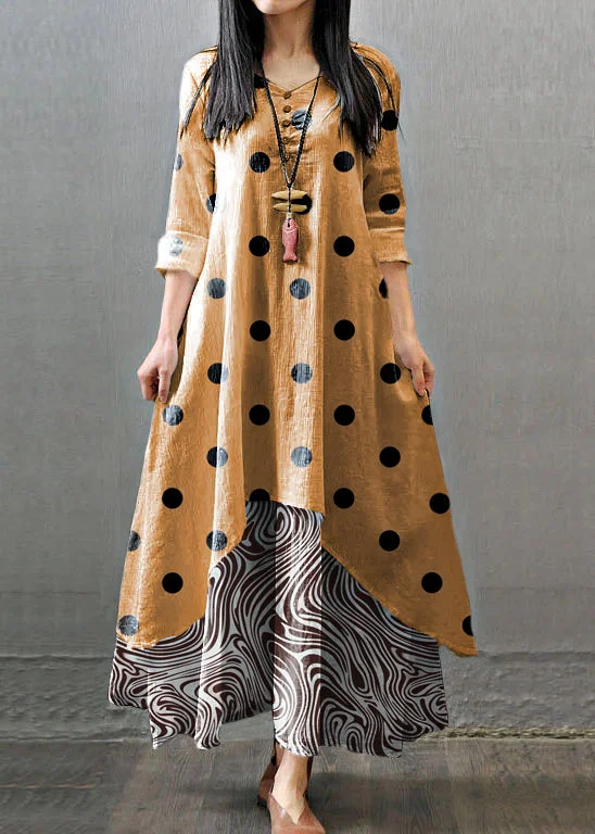 Women's Professional Outfit Valentine's Special Women Long Sleeve Double Layers Button Asymmetric Orange polka dots Maxi Dress