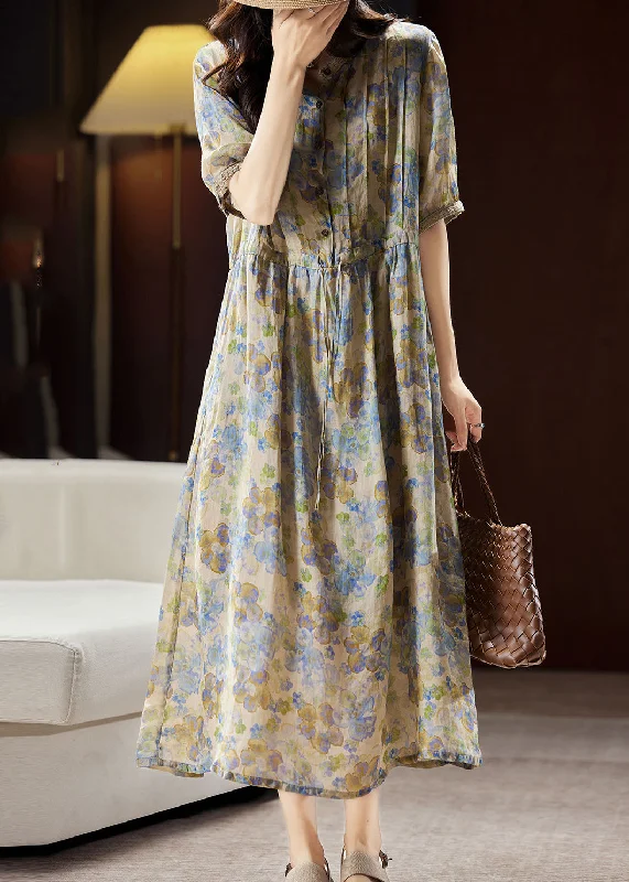 Vintage-Inspired Women's Apparel Charming Silhouette Unique Blue Stand Collar Print Button Linen Maxi Dresses Summer