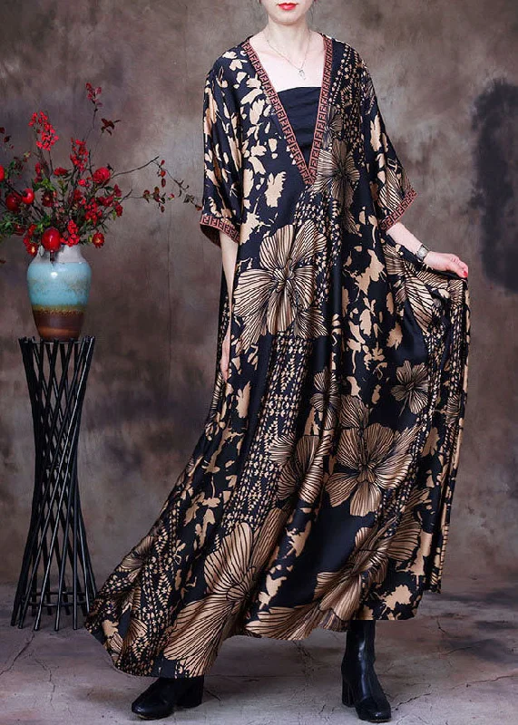 Women's Clothing For Outdoor Activities Feminine Soft - Hued Styles Italian Black V Neck Patchwork Print Silk Maxi Dress Half Sleeve