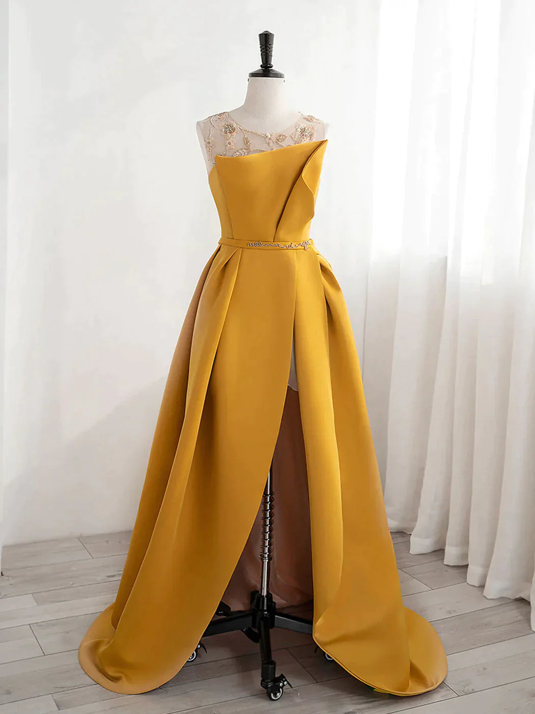 Women's Formal Event Outfit Premium Fabrics Yellow Satin Beaded Long Prom Dress with Leg Slit, Yellow A-line Party Dress