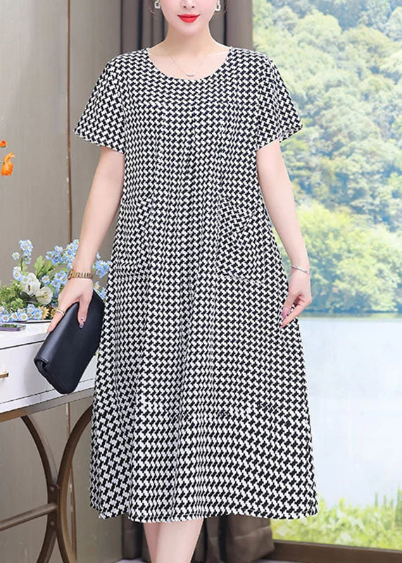 Women's Casual Apparel Luxe Layering French Black O-Neck Plaid Patchwork Maxi Dresses Summer