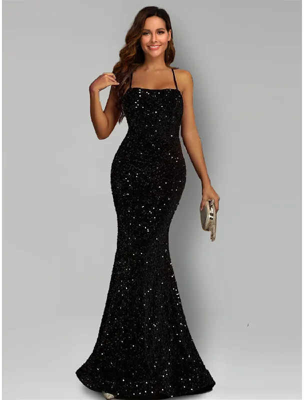 Women's Office Outfit Casual Elegance Mermaid / Trumpet Evening Gown Black Dress Formal Sweep / Brush Train Sleeveless Halter Sequined with Sequin