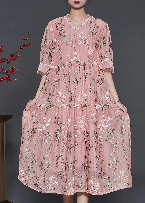 Women's Elegant Garments Graceful Fashion French Pink Ruffled Embroidered Silk Maxi Dresses Summer