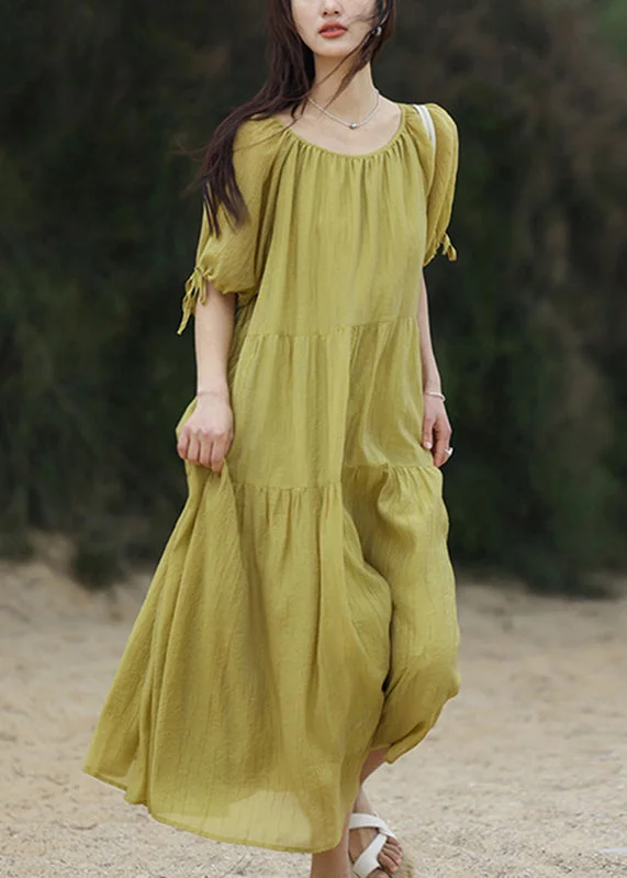 Women's Chic Apparel Alluring Design Green Wrinkled Maxi Dress Short Sleeve