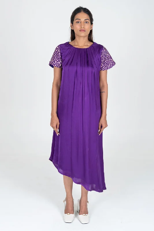 Women's Transitional Apparel High End Women's Wear Purple-Pink Braided Sleeves Midi Dress