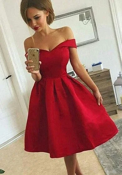 Women's Resort Garments Summer Splash Sale A-line Sleeveless Satin Off-the-shoulder Zipper Tea-length Homecoming Dress