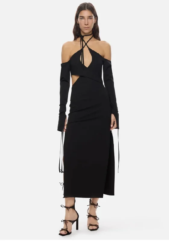 Women's Formal Event Outfit Limited - Time Bundle Off Shoulder Strappy Black Midi Dress