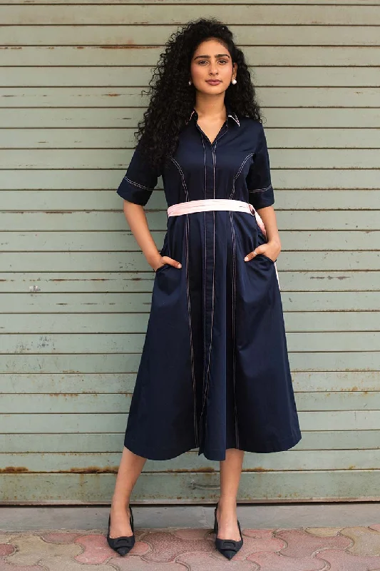 Fashionable Women's Clothes Chic And Comfortable Navy Blue Kantha Midi Dress