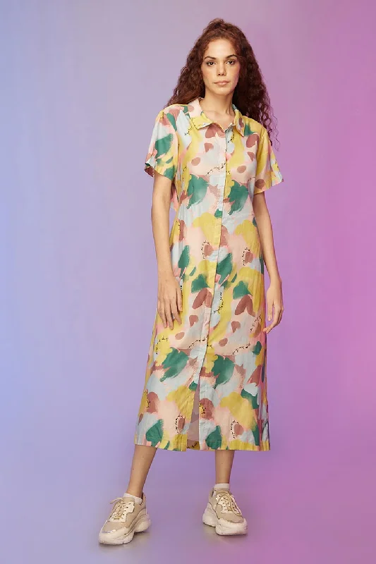 Vintage-Inspired Women's Clothes Elegant Ensemble Yellow Printed Button-Down Midi Dress