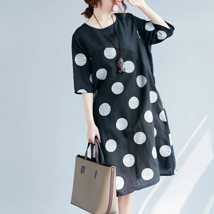 Women's Holiday Outfit Discover Promotions New black dotted cotton linen dresses plus size clothing O neck pockets cotton linen clothing dress 2018 half sleeve patchwork maxi dresses