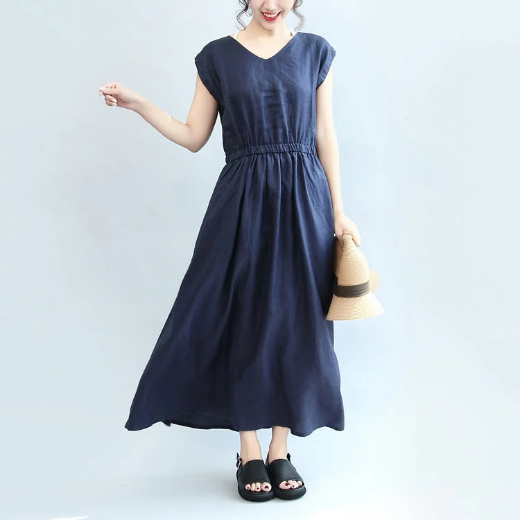 Women's Fashionable Clothing Sets Exclusive Sale summer navy casual linen sundress plus size women v neck maxi dress