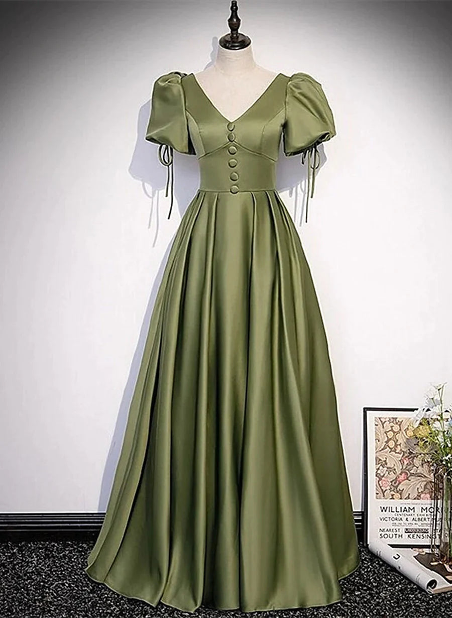 Women's Relaxed Outfit Contemporary Chic Green Satin A-line Puffy Sleeves A-line Prom Dress, V-neck Simple Long Formal Party Gown