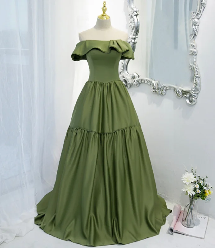 Women's Holiday Clothing Limited Time Offer Green satin long A line prom dress green evening dress  8819