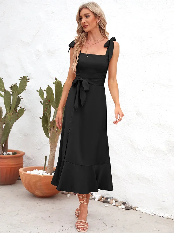 Vintage-Inspired Garments Trend Leading Collection Square Neck Tie Strap Midi Dress