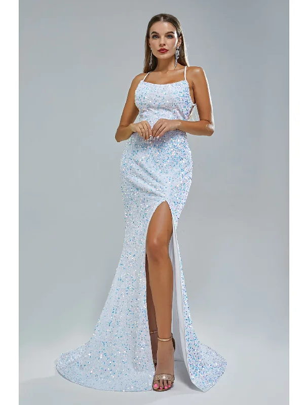 Women's Workout Clothing Save Big Evening Gown Elegant Dress Party Wear Train Sleeveless Strap Lace Crisscross Back with Sequin Slit