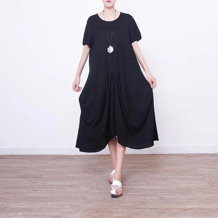 Charming Everyday Clothing For Women Stylish Looks vintage black long linen dress plus size short sleeve linen clothing dresses New asymmetric hem maxi dresses