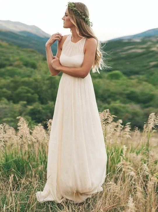 Women's Fashion-Forward Apparel Bold Fashion Simple Long Chiffon Pleated Round Neck Sleeveless Wedding Dress