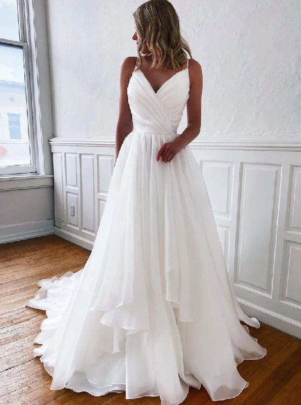 Women's Outdoor Activity Garments End Of Season Sale White V Neck Spaghetti-Straps Tulle Tulle Wedding Dress