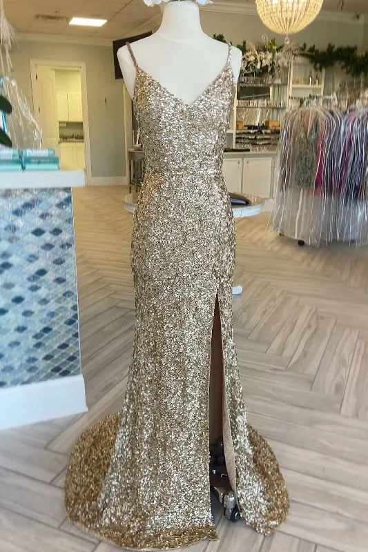 Women's Transitional Apparel Hot Trends Gold Sequin V-Neck Mermaid Long Prom Gown with Slit