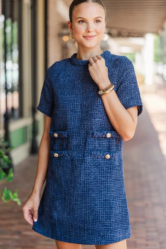 Women's Floral Print Outfit Fashion-Forward Ask You Out Navy Blue Tweed Shift Dress