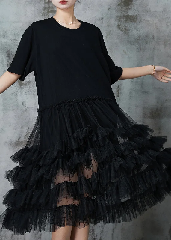 Women's Clothing Apparel Sets Refined Simplicity French Black Ruffled Patchwork Cotton Maxi Dress Summer