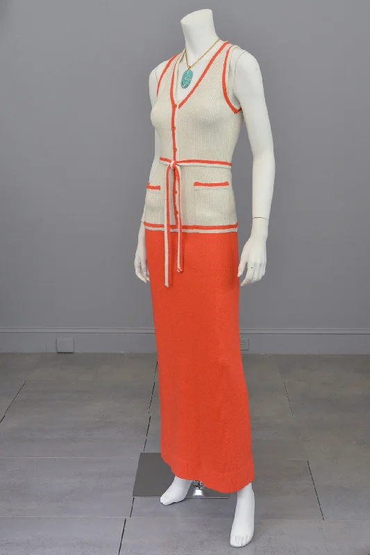 Vintage-Inspired Garments High End Fashion 1970s Orange and Off-White Color Block ModKnit Maxi Dress