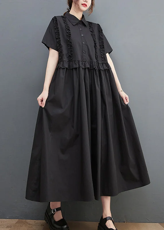 Luxury Women's Clothes Mid - Week Surprise Black Loose Cotton Maxi Dresses Ruffled Cinched Short Sleeve