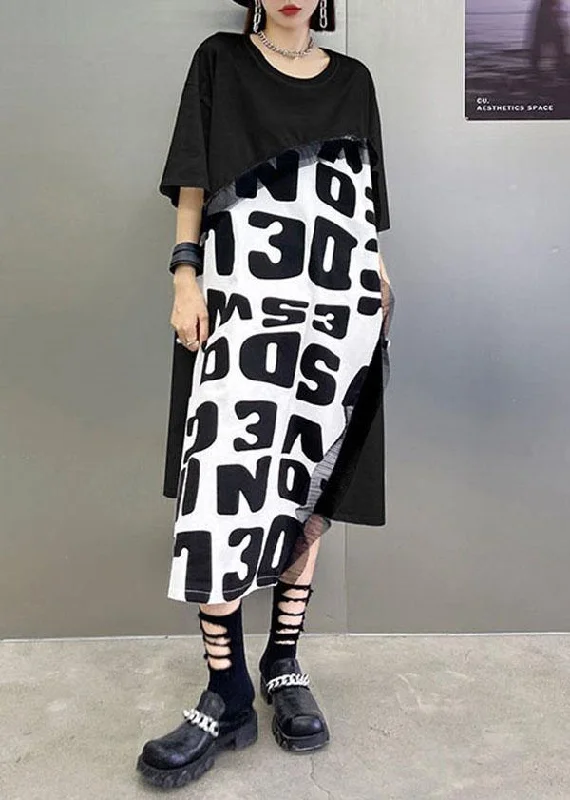 Plus-Size Women's Clothing Budget Friendly Fashion Bohemian Black Print asymmetrical design Graphic Short Sleeve Maxi Dresses