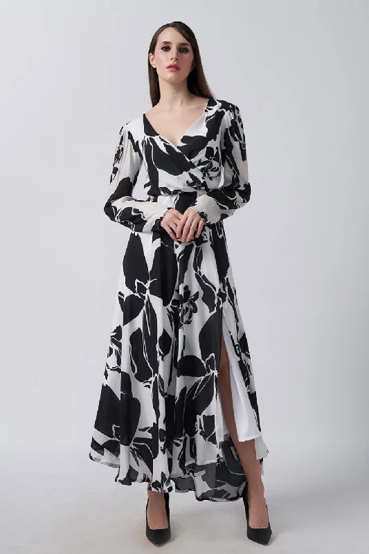 Women's Clothing Sets Classic Women's Fashion Black & White Abstract Printed Slit Midi Dress