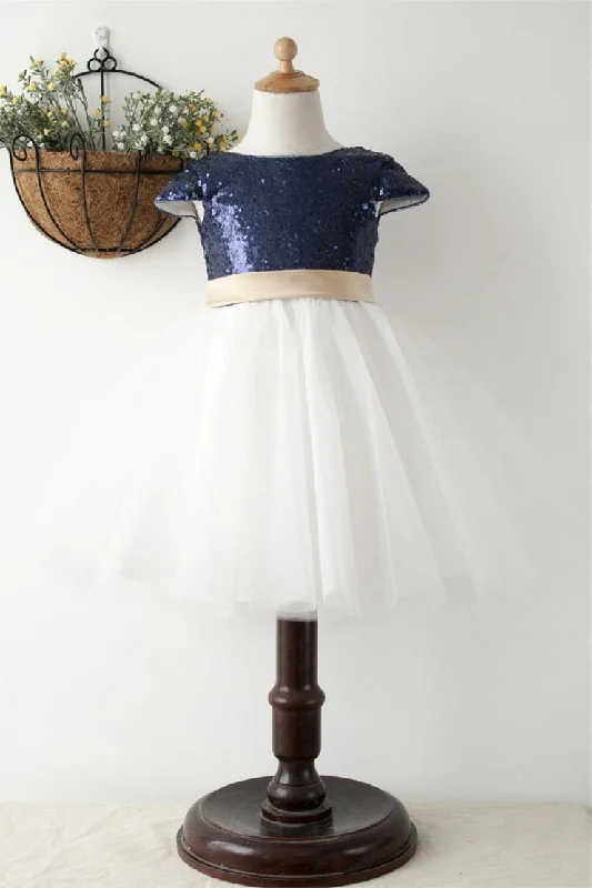 Stylish Women's Garments For Holidays Summer Splash Sale Cute Navy Blue Ball Gown Sequined Flower Girl Dress