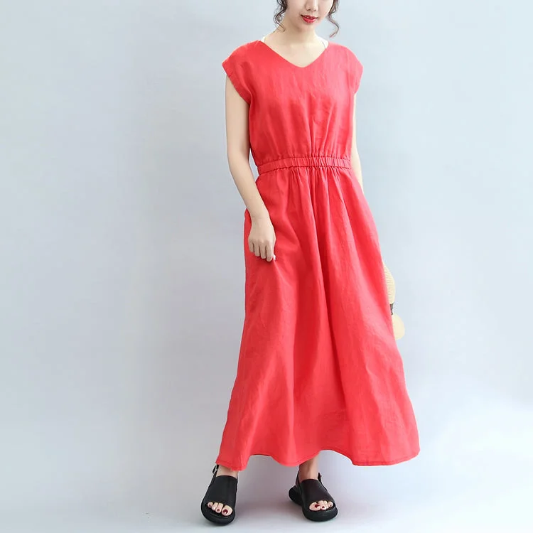 Stylish Women's Outfit The Good Stuff red elastic waist linen dresses loose short sleeve maxi dress