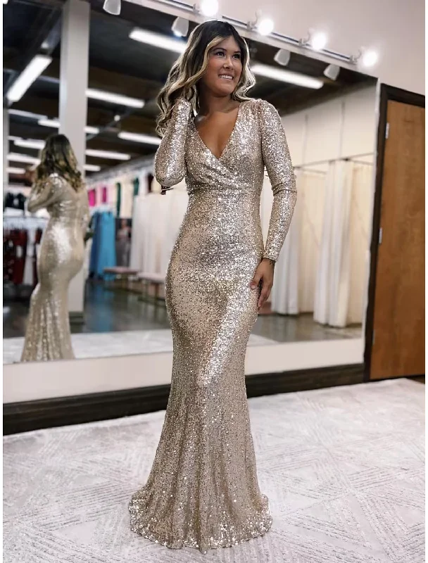 Classic Clothes For Women Unbeatable Prices Evening Gown Sexy Dress Formal Floor Length Long Sleeve V Neck Sequined with